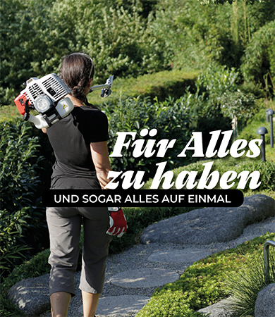 Frau mit Multitool über der Schulter läuft zur Gartenhütte